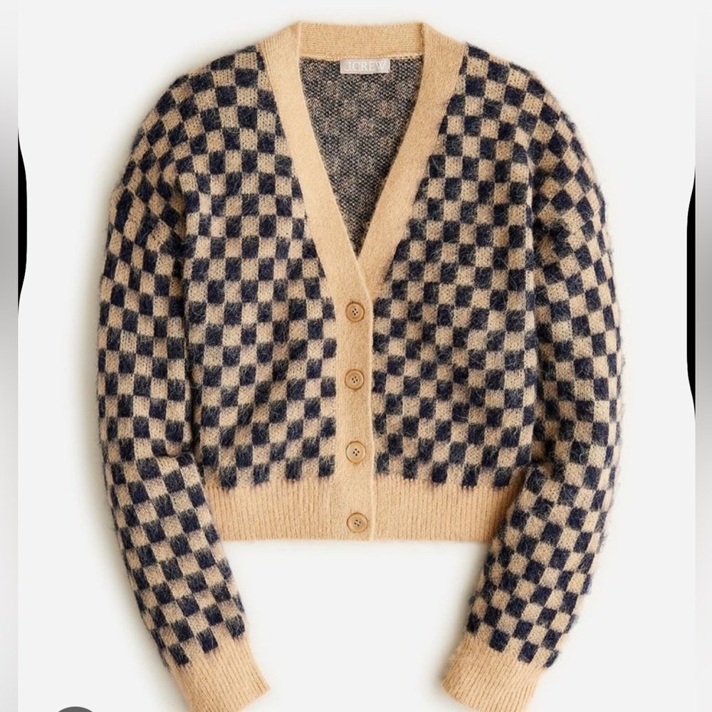 J Crew Checkered V-neck cardigan sweater in brushed yarn -- Medium
